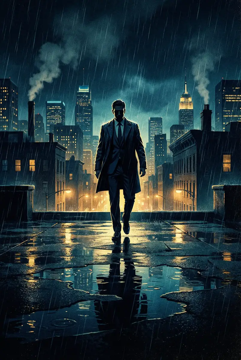 情深叉 出品影片《雨夜独行者》海报，雨中城市屋顶男性剪影